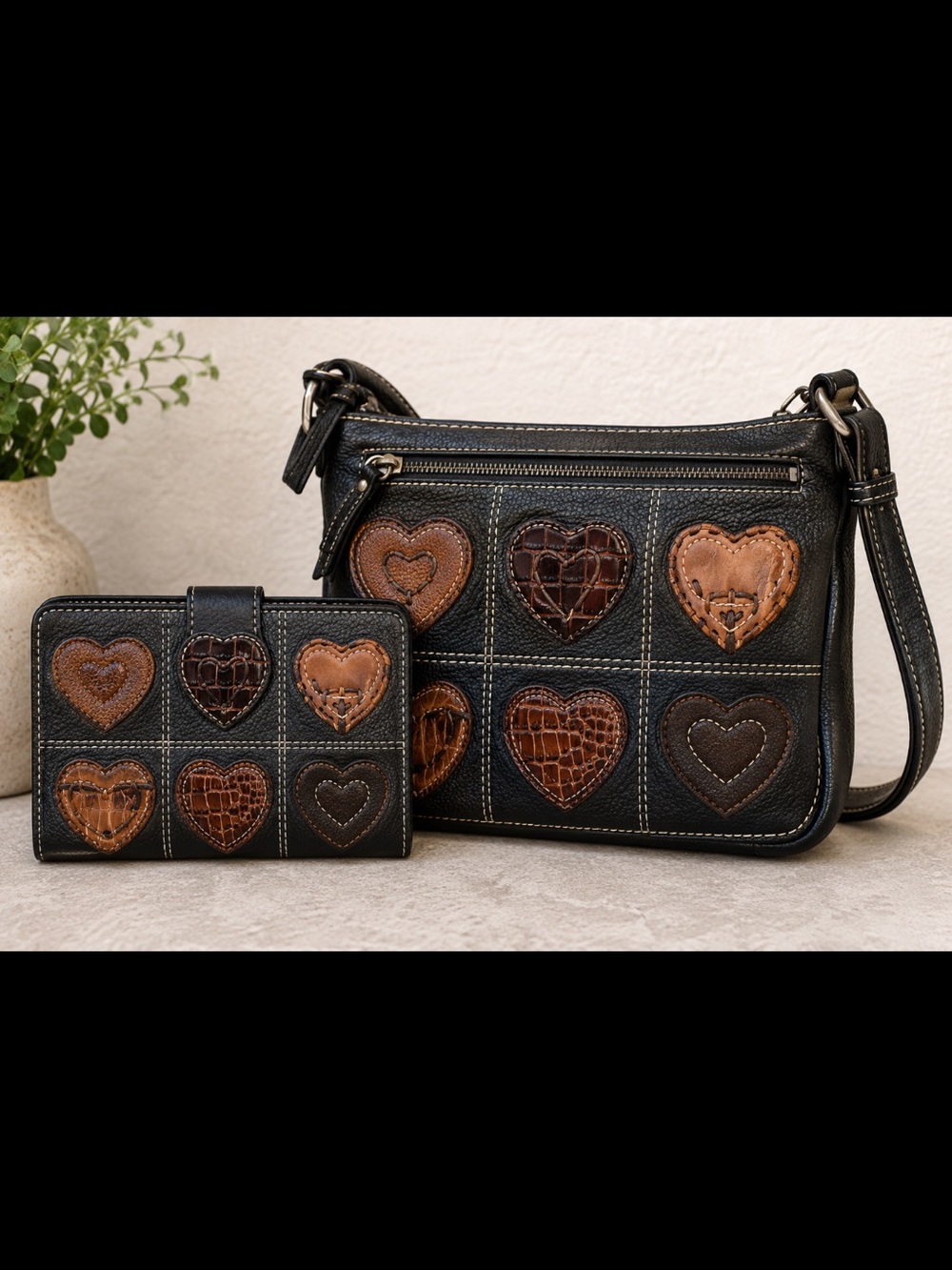 Brighton Heart Patch Leather Crossbody Bag & Matching Wallet Set Black Brown